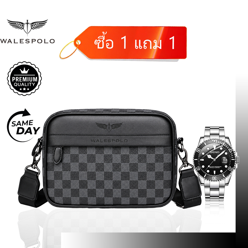 WALESPOLO กระเป๋าสะพายข้างผู้ชาย ลายตารางสีดำเทา จุของจำเป็นครบ ใช้ทุกวัน เหมาะเป็นของขวัญวันเกิด