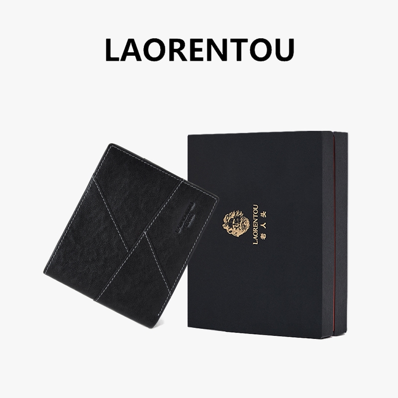 LAORENTOU กระเป๋าสตางค์พับสำหรับผู้ชาย กระเป๋าสตางค์หนังวัวแท้สีดำ มีช่องใส่บัตรหลายช่อง