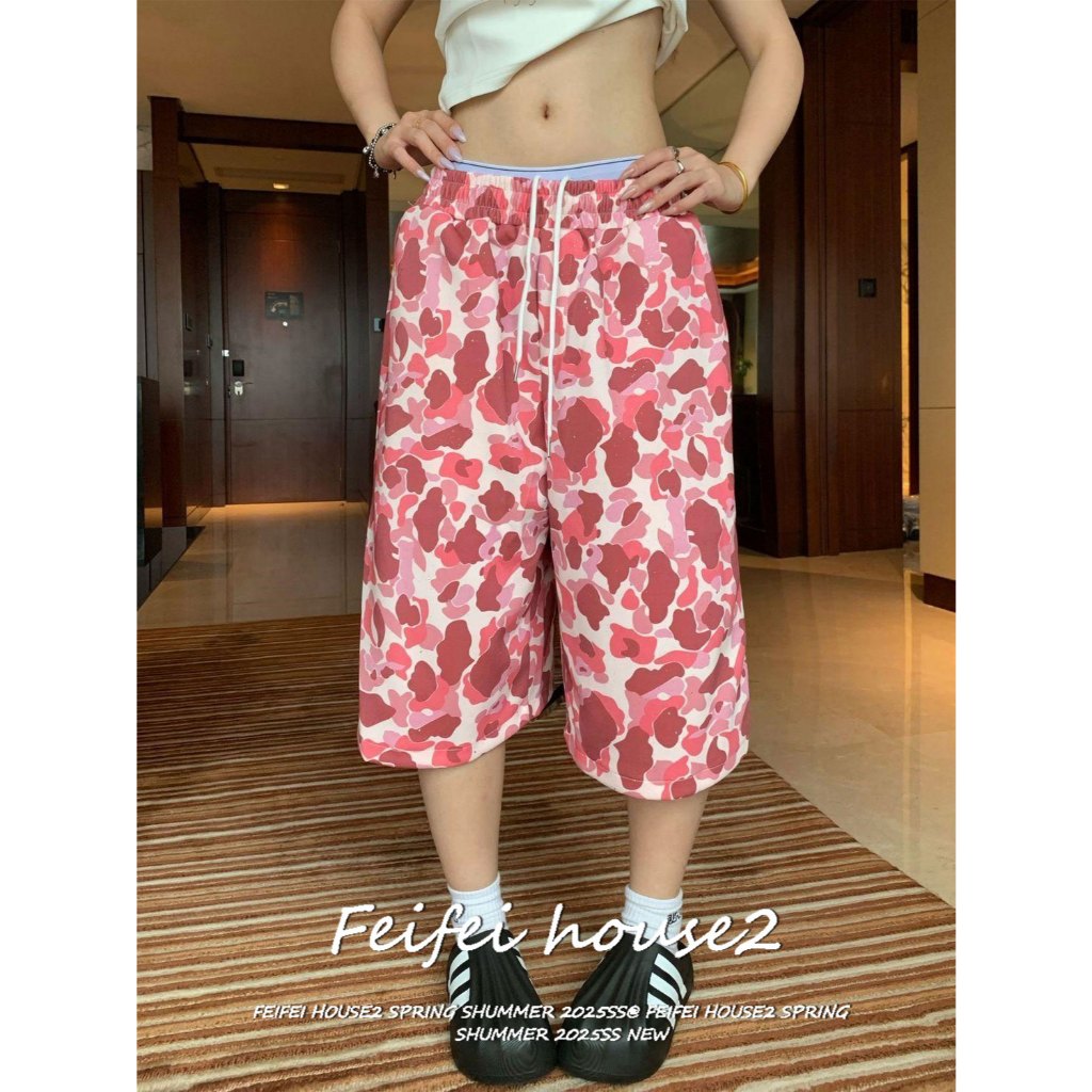 [Feifei-Camouflage cropped pants]กางเกงขากว้างขาสั้นเอวยางหลวมลายพรางสไตล์อเมริกันฤดูร้อน