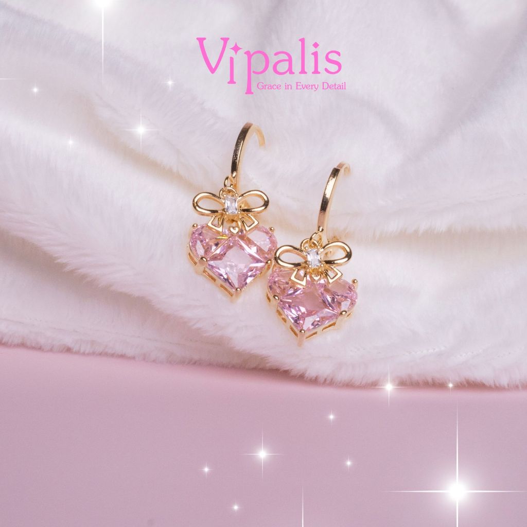 Vipalis | Sweetheart Ribbon Pink Crystal Earrings ต่างหูโบว์หัวใจคริสตัลสีชมพู ชุบทอง 14K