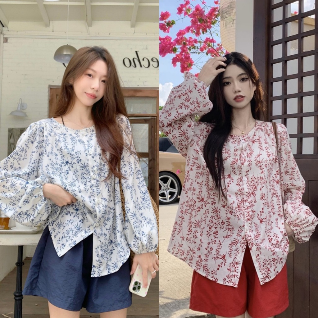 Beryl เสื้อผู้หญิงทรงกระดุมแถวเดียว พิมพ์ลายดอกไม้เล็กๆ สไตล์เรโทรฝรั่งเศส ทรงหลวมแต่ช่วยให้ดูผอมเพรียว
