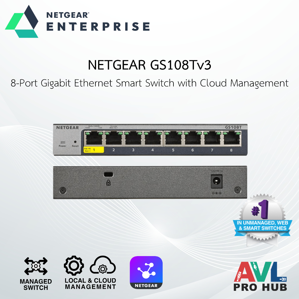 NETGEAR GS108T 8-Port Gigabit Ethernet Smart Switch with Cloud Management (PoE-PD)