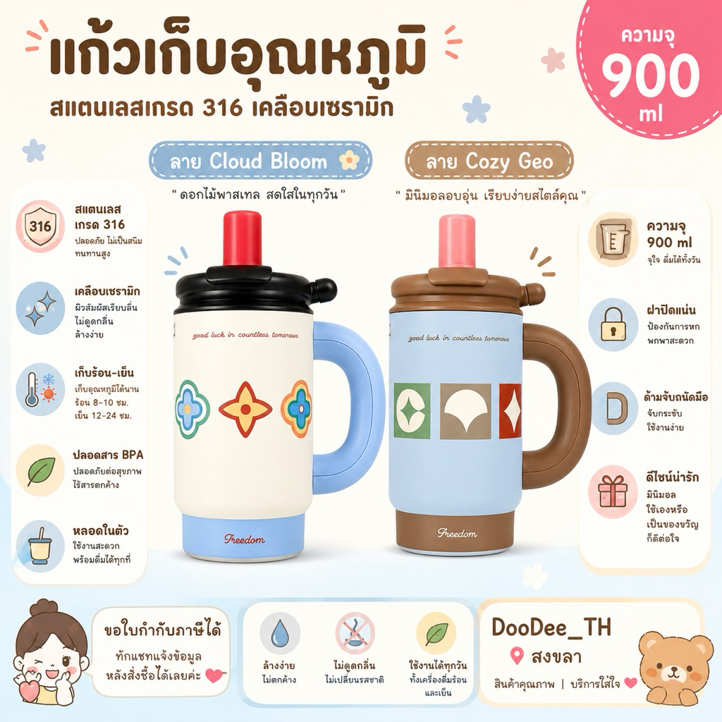 แก้วเก็บความเย็น 900ml สแตนเลส 316 เคลือบเซรามิก ทรง Tumber มีหูจับ ลายสุด Cute พร้อมหลอดในตัว เก็บอุณหภูมิได้นาน