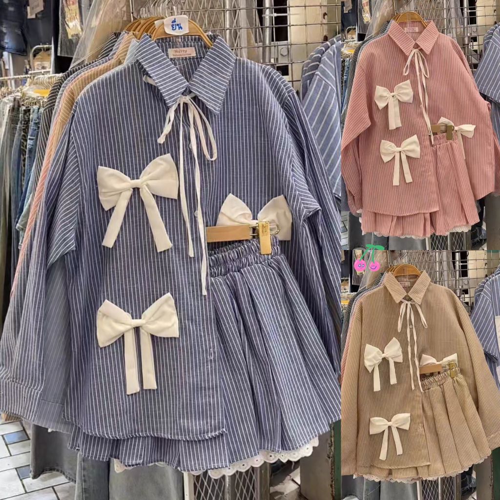 ชุดเซ็ทแฟชั่นน่ารักเสื้อแขนยาว+กระโปรงจับจีบซับในลูกไม้สวยมาก ผ้าทอผสมคอนตอน