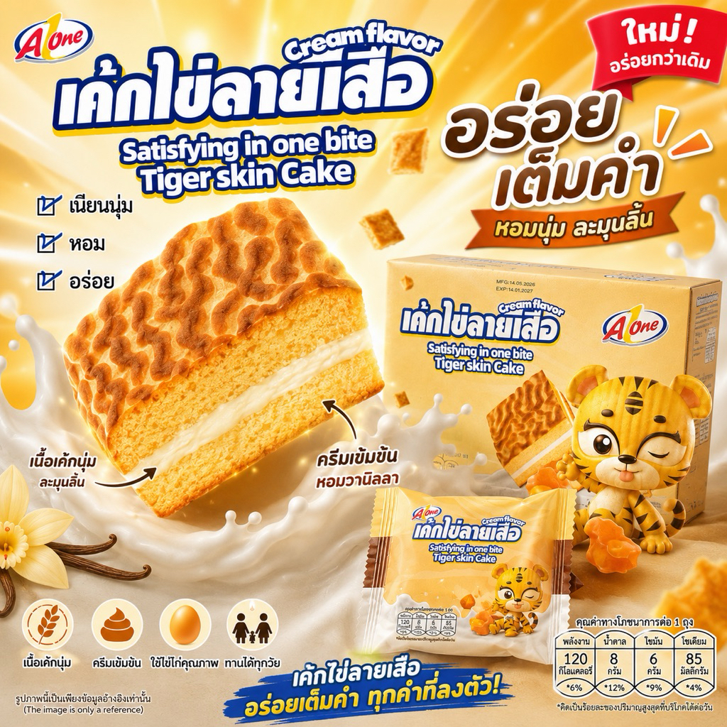 A1One เอวัน เค้กไข่ลายเสือ เนียนนุ่ม หอม อร่อย (ยกลัง 12 แพค 144 ซอง)