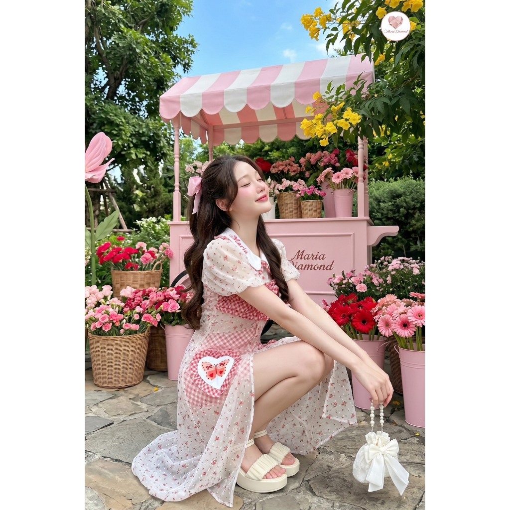 (มี3XL) สก็อตแดง Bouquet Dream Set เซ็ต 2 ชิ้น เดรสยาวกระดุมหน้าผ้าชีฟอง แต่งงานปัก + กระโปรงสั้นลายสก็อตมีซับใน