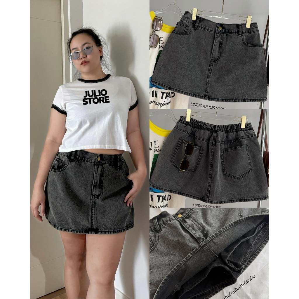 D040 กระโปรงกางเกงยีนส์ สีดำฟอกวินเทจ สโนว์ดำ (Plus size)