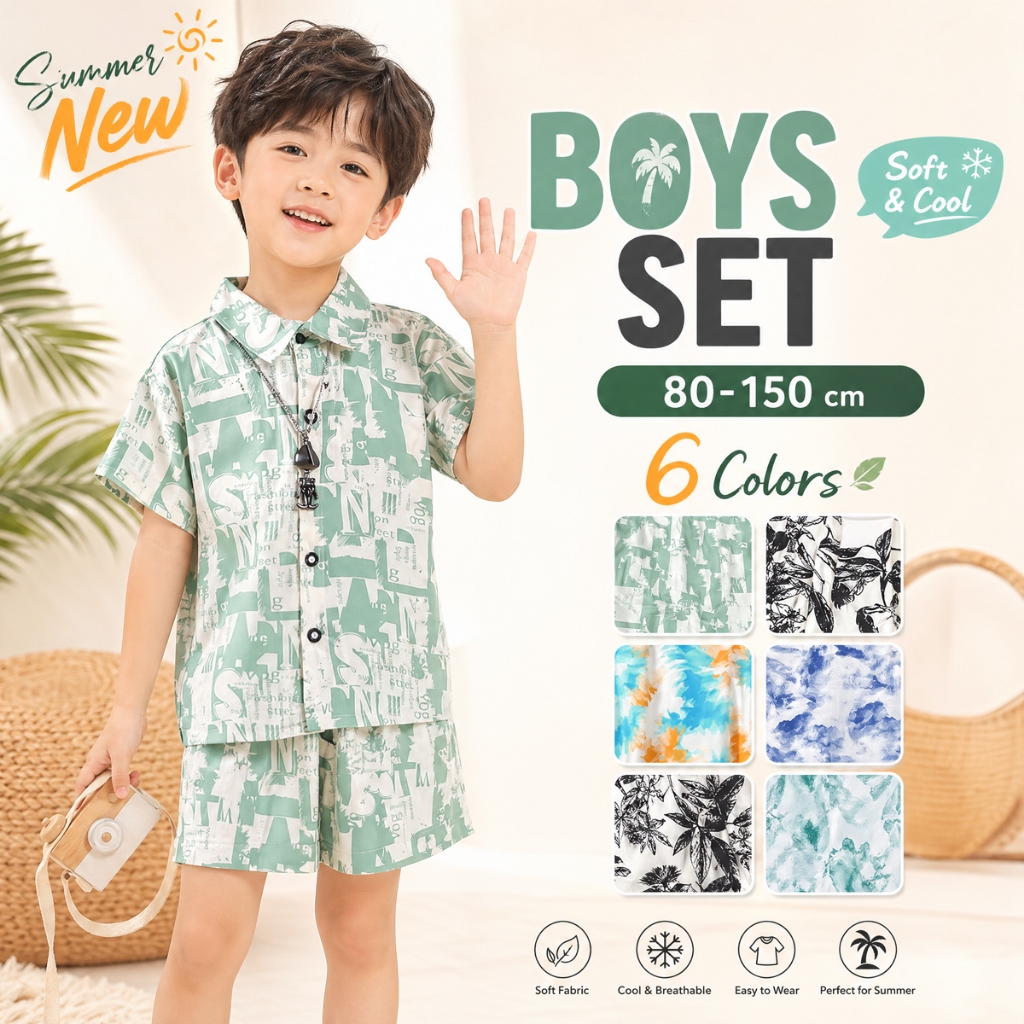 ชุดเซ็ทเด็ก ชุดเซ็ตเสื้อ+กางเกง เหมาะ สำหรับเด็กชาย ชุดวันหยุดพักผ่อนชายหาดพิมพ์ลาย เหมาะสำหรับเด็ก"DA-G"