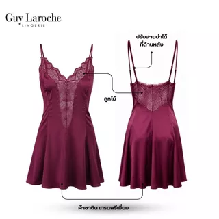 Guy Laroche ชุดนอน GN4C55 แบรนด์แท้ กระโปรงสายเดี่ยวแต่งลูกไม้ ผ้าซาตินเนื้อนุ่ม ลื่น