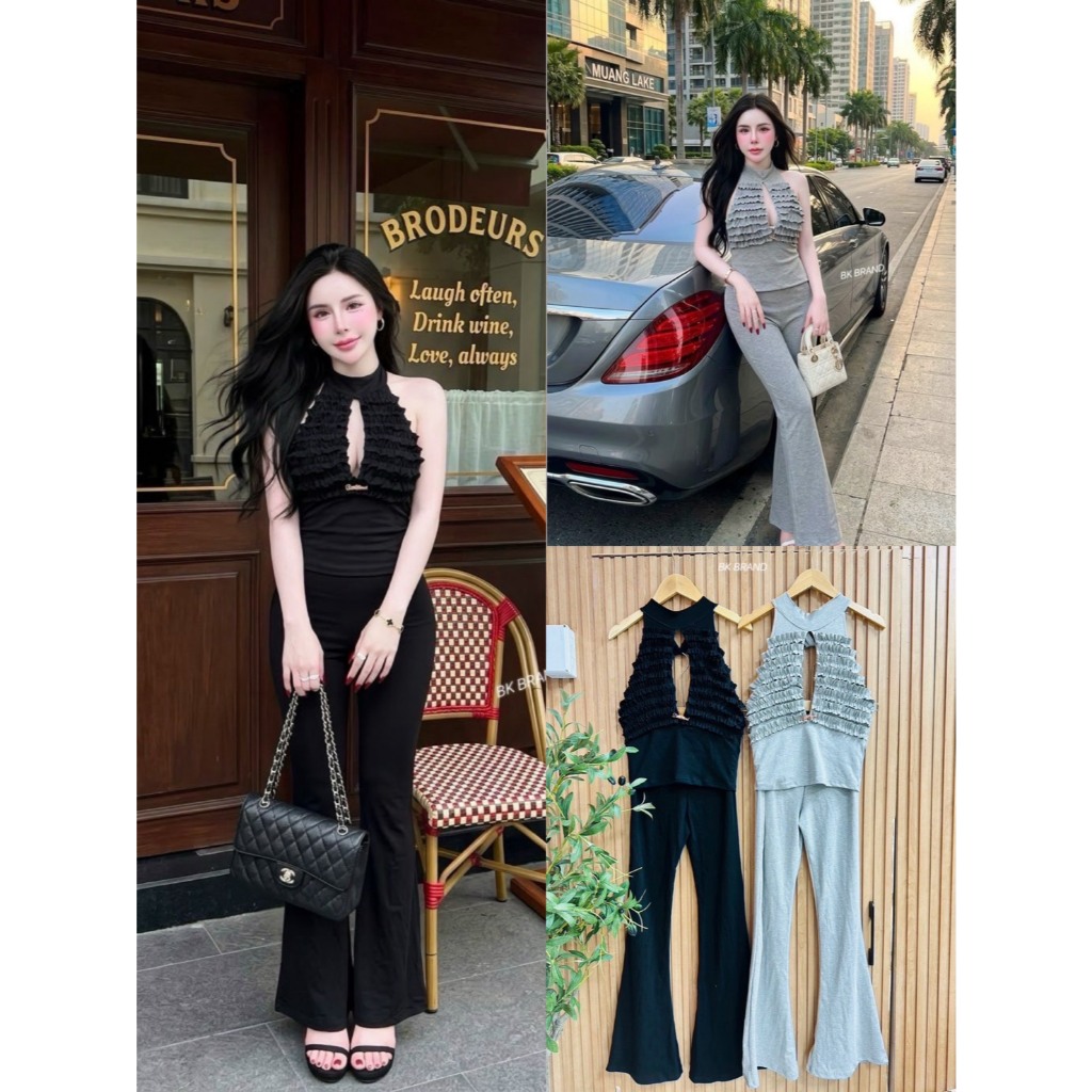 >>BK BRAND<< BK 96789 เซต2ชิ้นคล้องคอเว้าอกแต่งระบาย ติดเข็มกลัดbk งานโชว์หลัง มากับกางเกงขาม้า