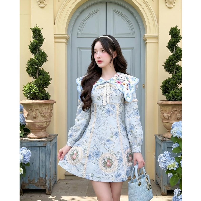 (Limited มี2XL) สีฟ้า Cyan Blue Dress เดรสผ้าคอตตอน texture ปกพิมพ์ลาย แขนยาว แต่งลูกไม้ปัก ซิปหลัง มีซับใน