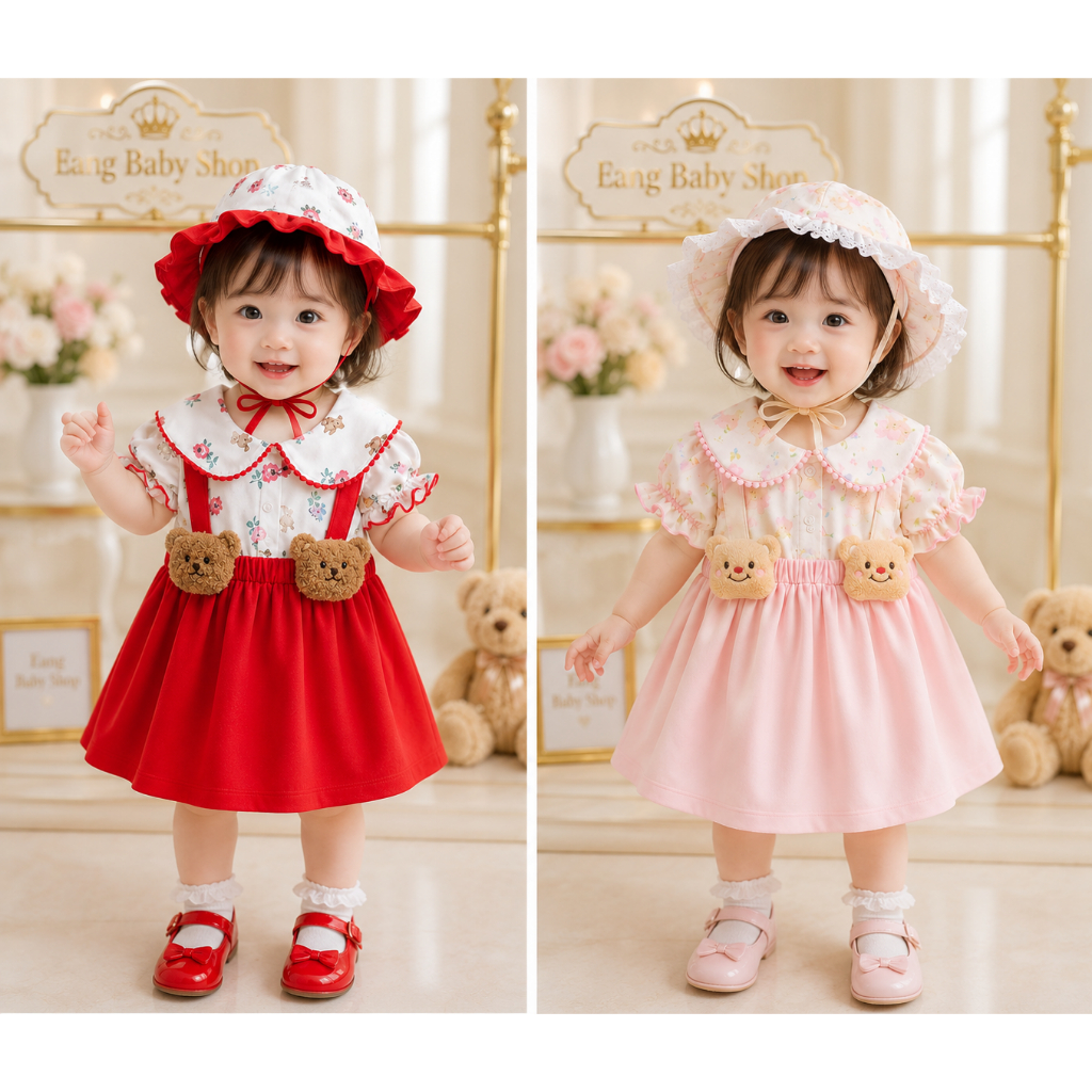 ชุดเดรสติดน้องหมีน่ารัก แถมหมวก(เด็กแรกเกิด-2ขวบ)
