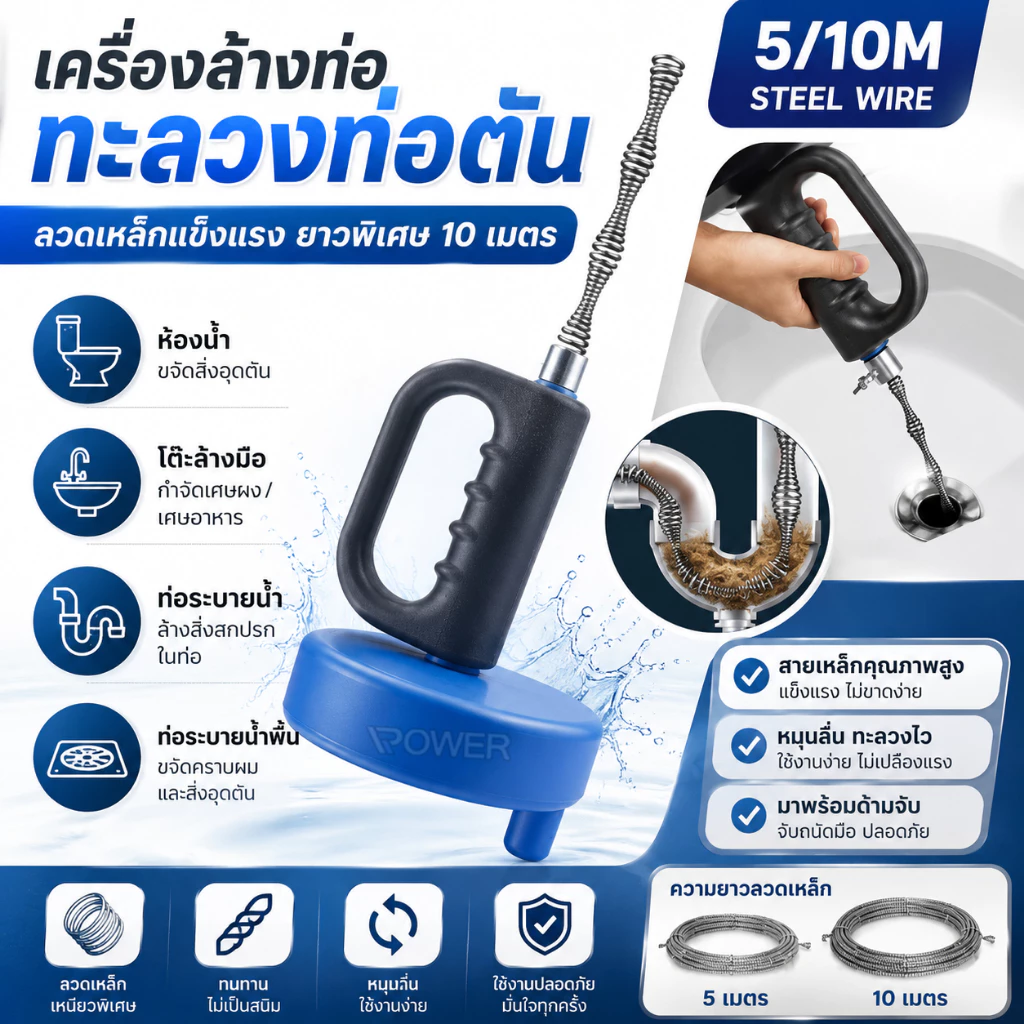 ส่งฟรี งูเหล็ก เหล็กทะลวงท่อตัน แก้ท่อตัน ท่อระบายตัน ส้วมตัน งูเหล็กแบบมือม้วน ยาว 5/10 เมตร