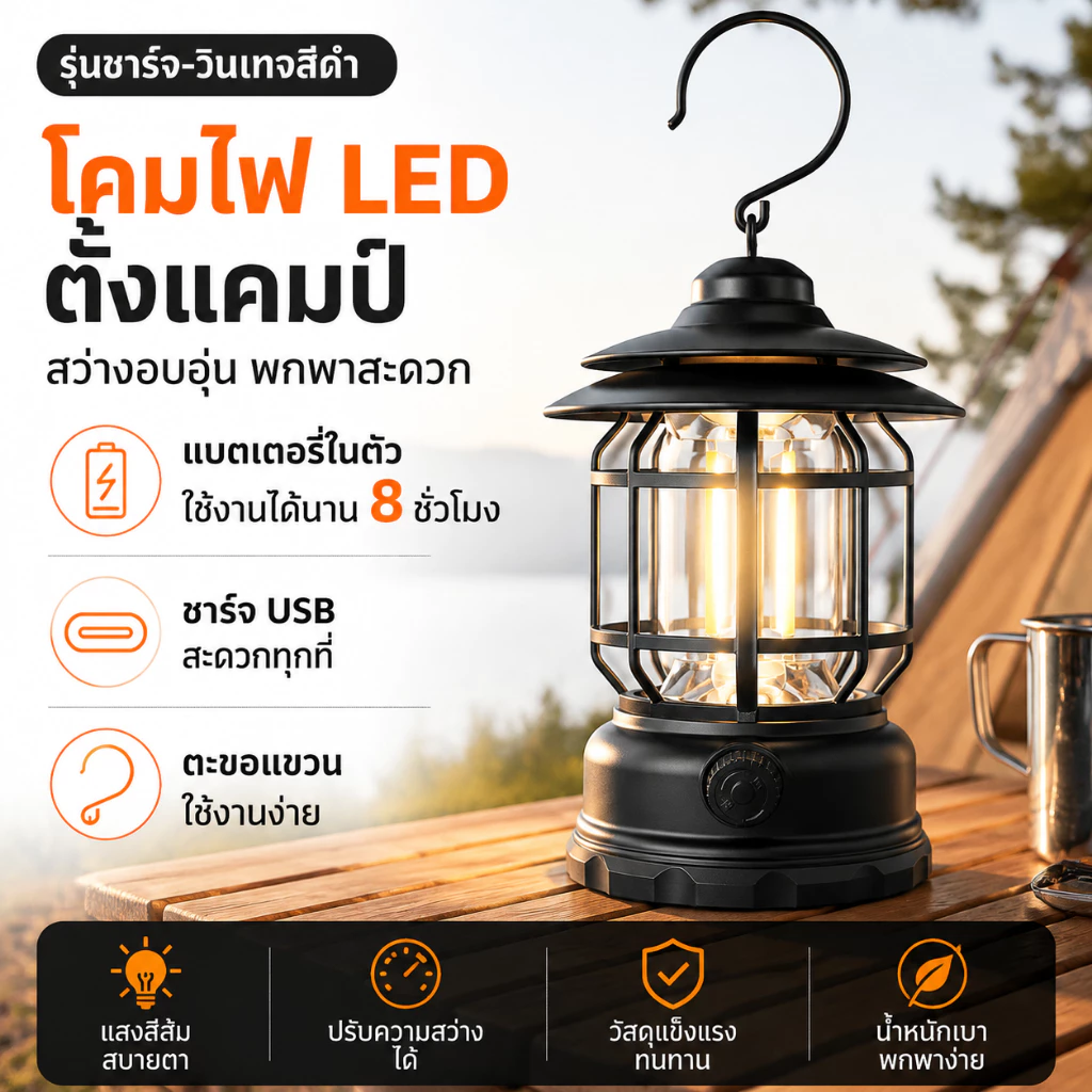 ไฟแคมป์ปิ้งวินเทจ Super Tribe กันน้ำ ชาร์จ USB Type-C แบบแขวน