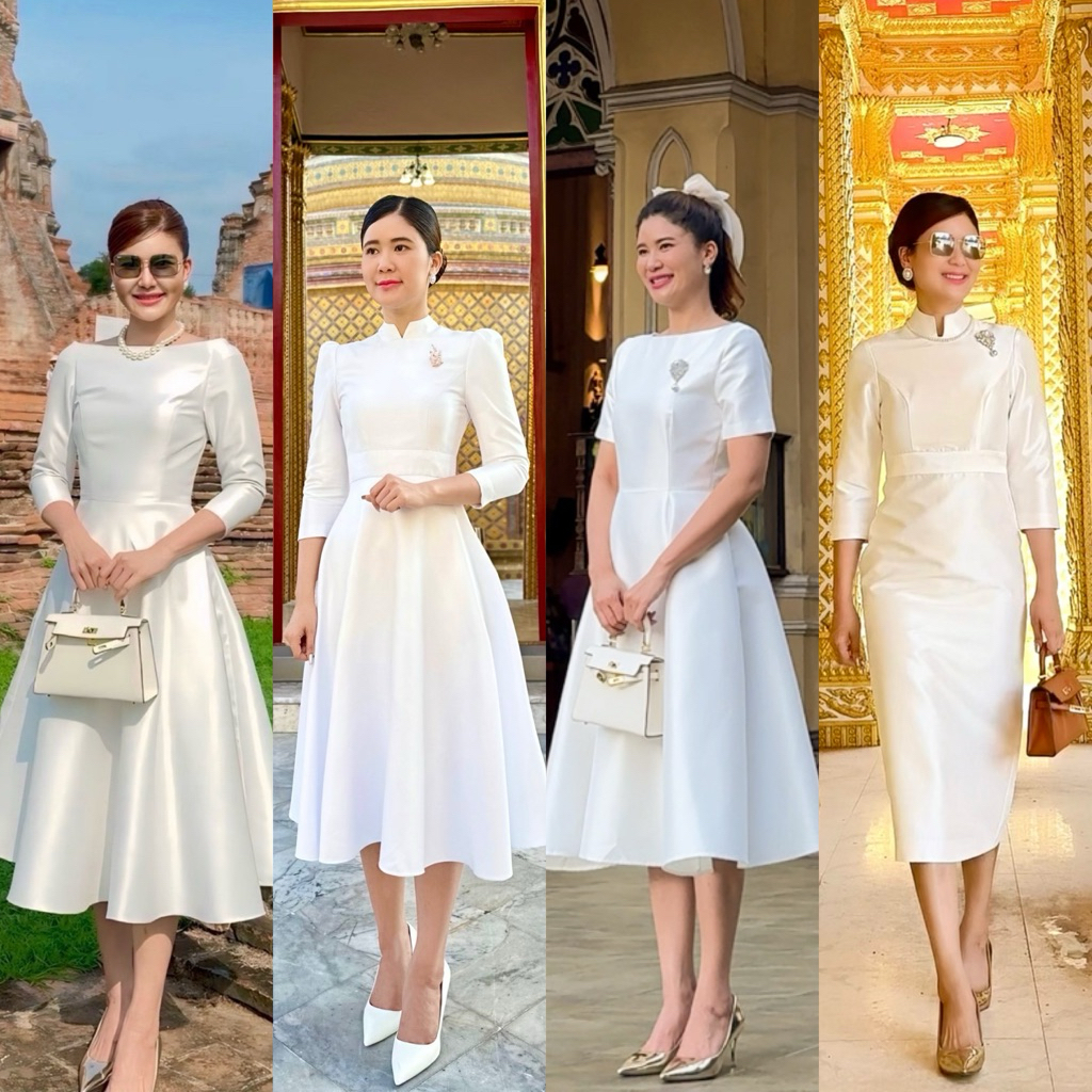 ชุดขาว เดรสสีขาว ชุดพรีเวดดิ้ง ชุดทำบุญ