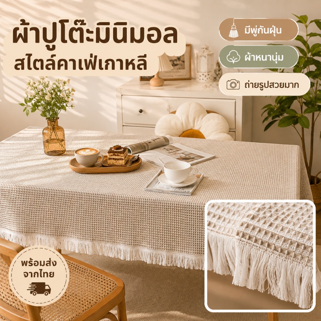 ผ้าปูโต๊ะสไตล์ชาติพันธุ์ มินิมอล มีพู่กันฝุ่น ผ้าปูโต๊ะกินข้าว โต๊ะกาแฟ พร็อพถ่ายรูปสวย พร้อมส่ง