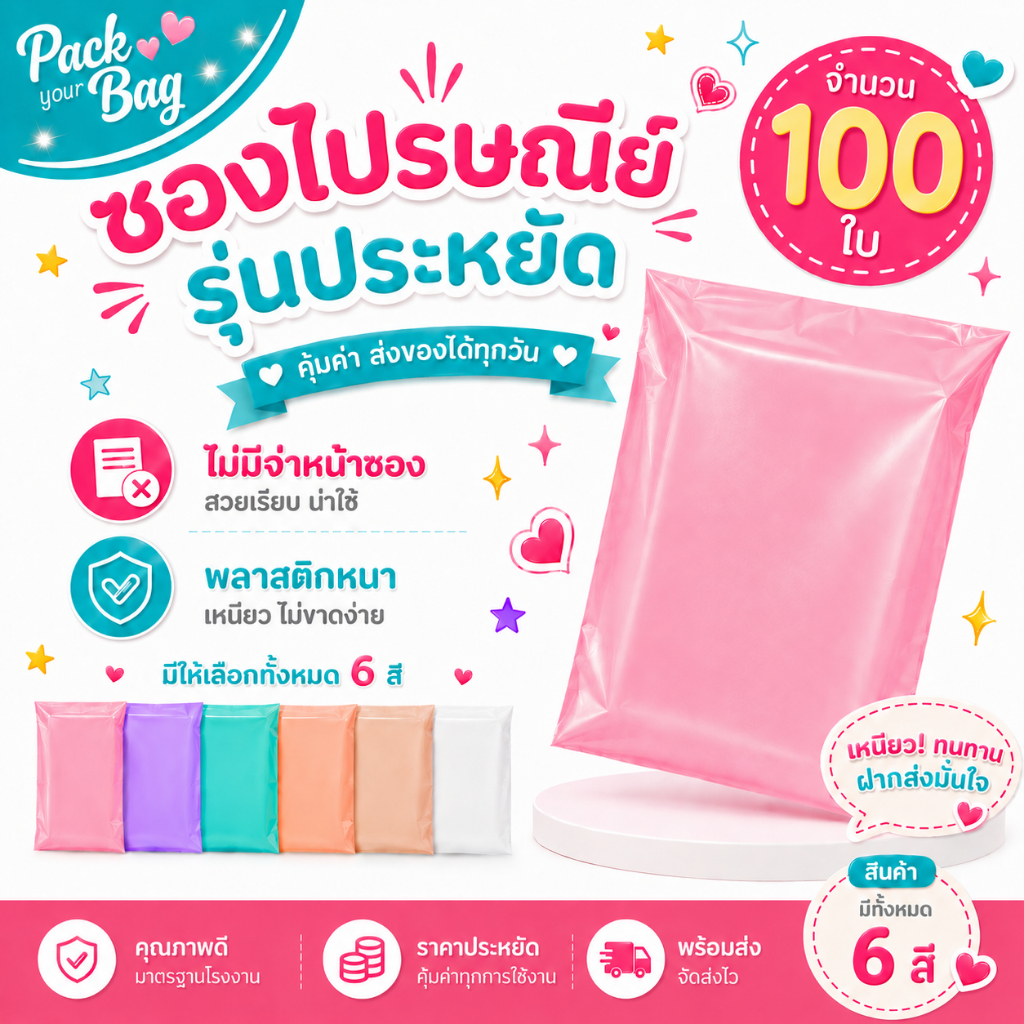 ซองไปรณีย์สีพาสเทล ถุงไปรษณีย์พาสติก ซองไปรษณีย์พาสเทล ซองไปรษณีย์พลาสติก รุ่นไม่จ่าหน้า 100 ใบ