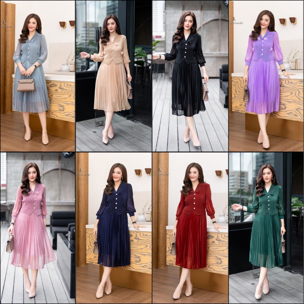 Cutie Minute เรียบหรูดูแพง เดรสอัดพลีทแต่งตาข่ายกลิตเตอร์ เล่นแสงสวยๆ ทรงสวยใส่สบาย ใส่ออกงาน/งานแต่งเป๊ะแน่นอน [PD2663]