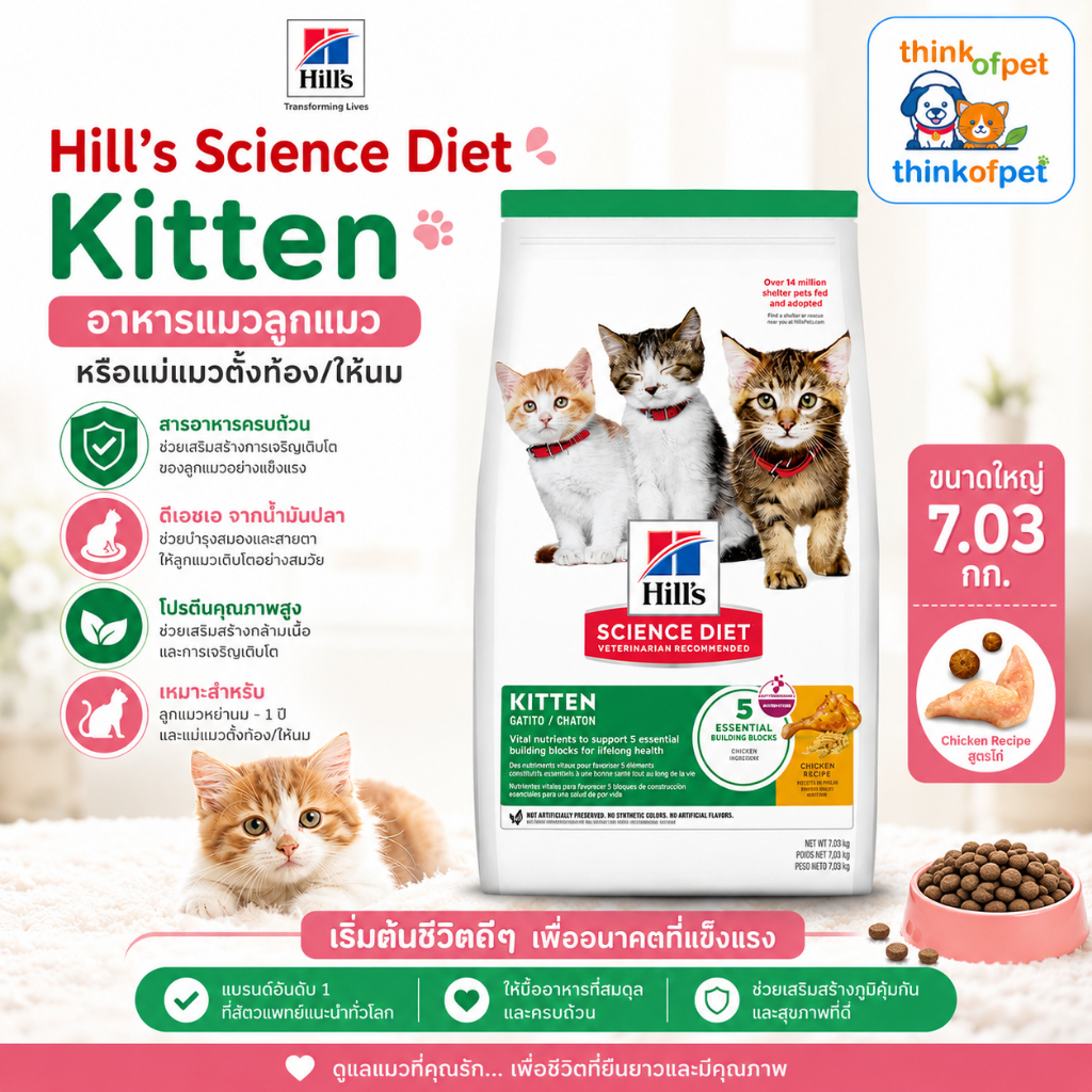 Hill's Science Diet  Kitten อาหารแมว  ฮิลล์ ลูกแมว หรือแม่แมวตั้งท้อง/ให้นม ขนาด 7.03 กก.