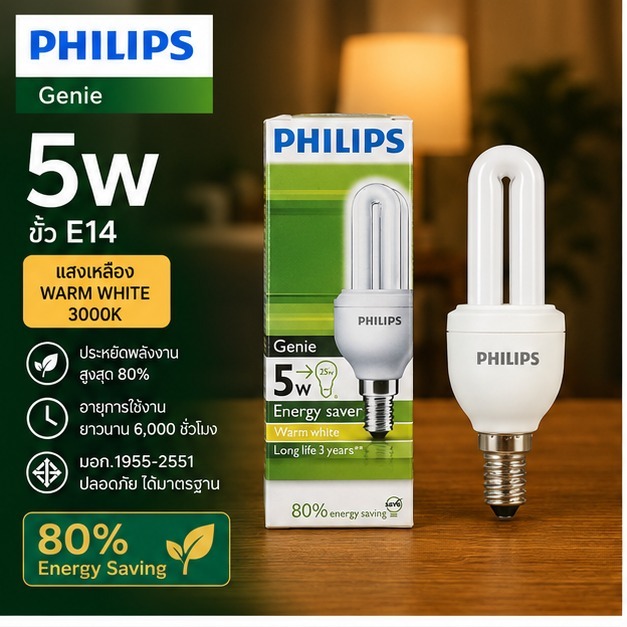 หลอดไฟ Philips Genie 5W ขั้ว E14 11wขั้วe27 แสงเหลือง Warm White 3000K 220V