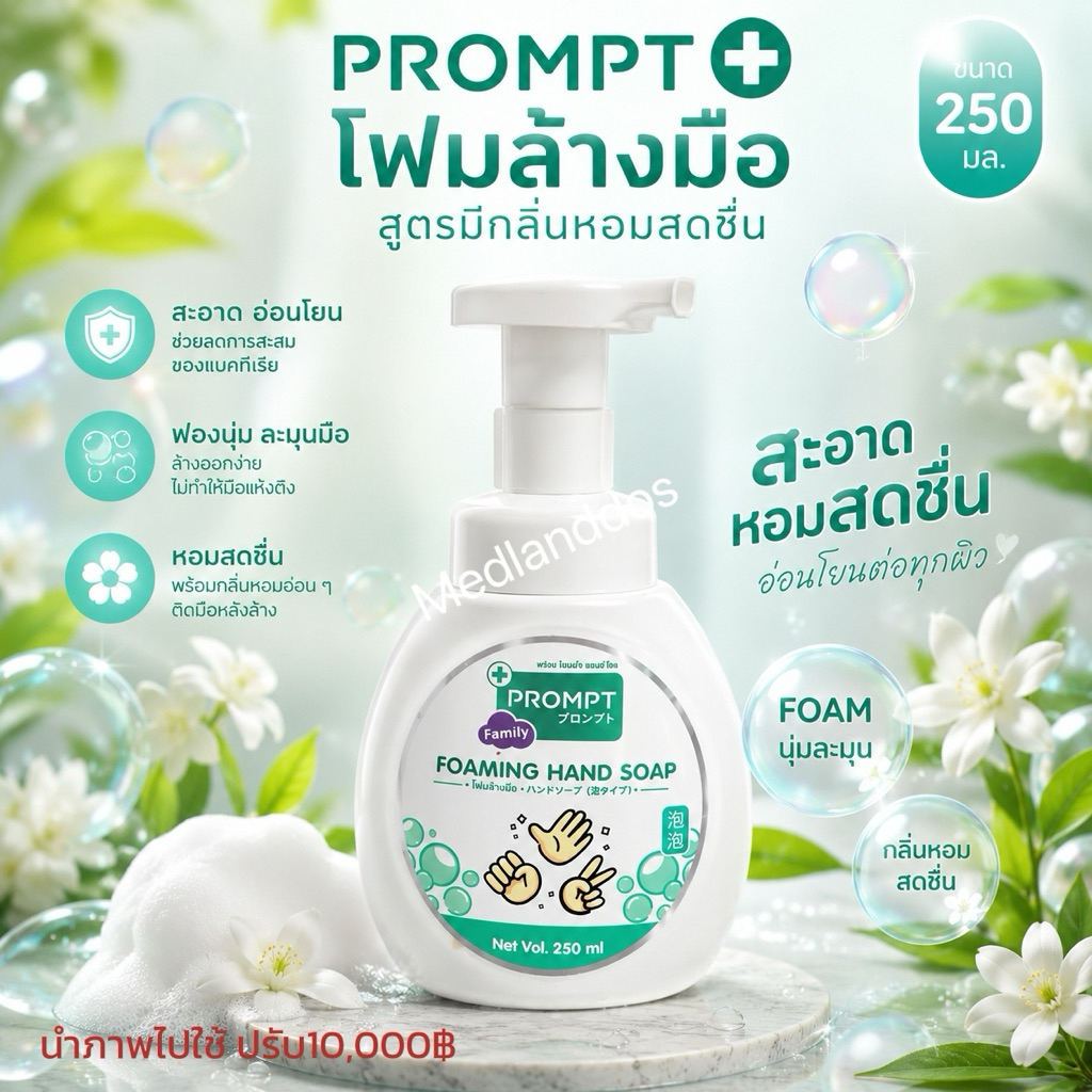 PROMPT โฟมสบู่ล้างมือ สูตรมีกลิ่นหอมสดชื่น สีเขียว /ชมพู ขนาด 250 มล.