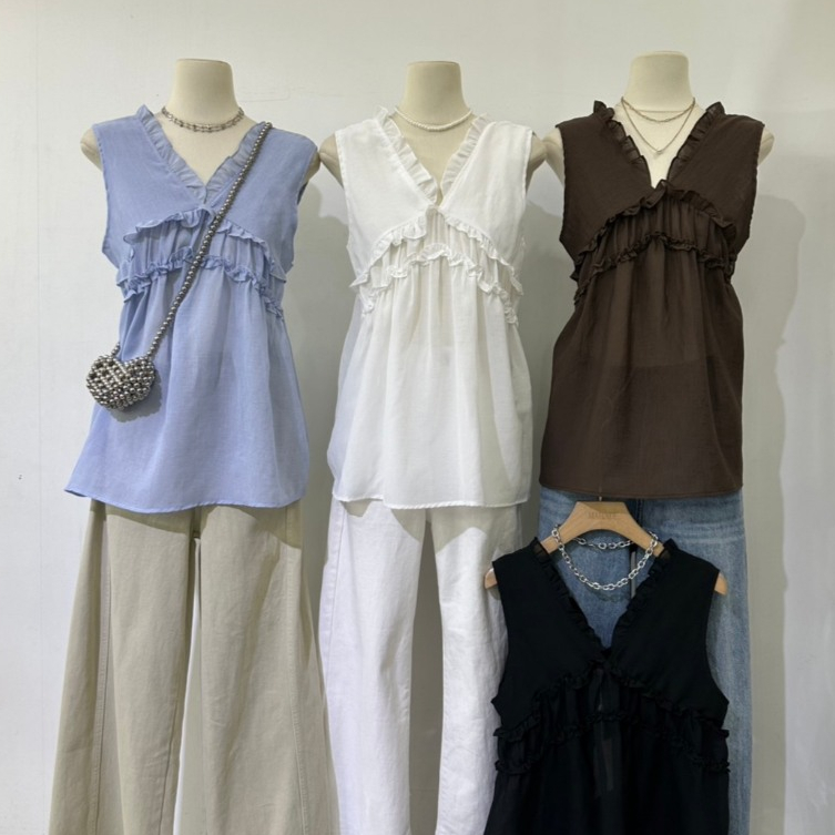 M2187 เสื้อคอวีแต่งระบายสไตล์เบบี้ดอล ทรงพริ้วใส่สบาย