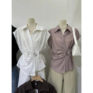 M2185 เสื้อเชิ้ตแขนล้ำดีเทลจับจีบหน้า ทรงเป๊ะปัง เสื้อรุ่นนี้ต้องมีติดตู้! เสื้อเชิ้ตคอปกดีไซน์เก๋ แขนล้ำนิดๆ