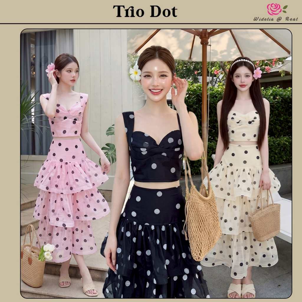 Trio Dot Set มีให้เลือก 3 สี สีชมพู/สีดำ/สีครีม งานเซ็ตเสื้อสายเดี่ยวกับกระโปรงยาวพิมพ์ลายจุด กระโปรงผ้าระบายเป็นชั้นๆ