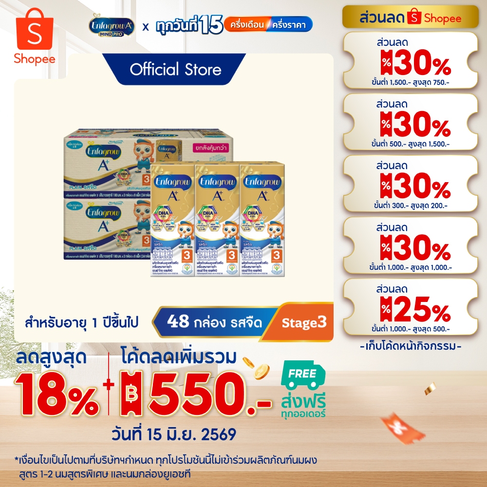 นมกล่อง เอนฟาโกร ยูเอชที สูตร3 ชนิดจืด (24 กล่อง) x2 ลัง Enfagrow UHT Stage3 Plain (24 boxes) x2 cases