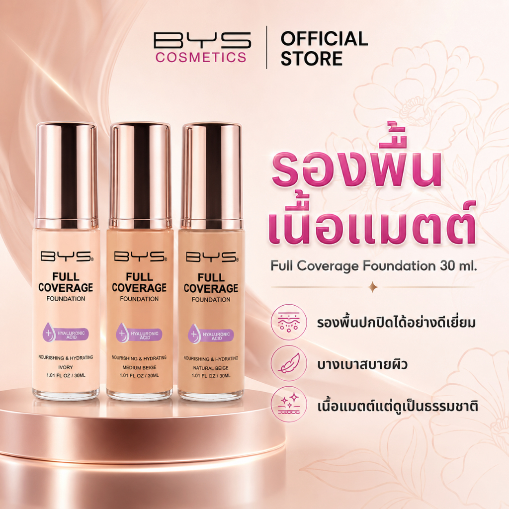BYS Cosmetics Full Coverage Foundation รองพื้นปกปิด บางเบาเนื้อแมตต์แลดูเป็นธรรมชาติ