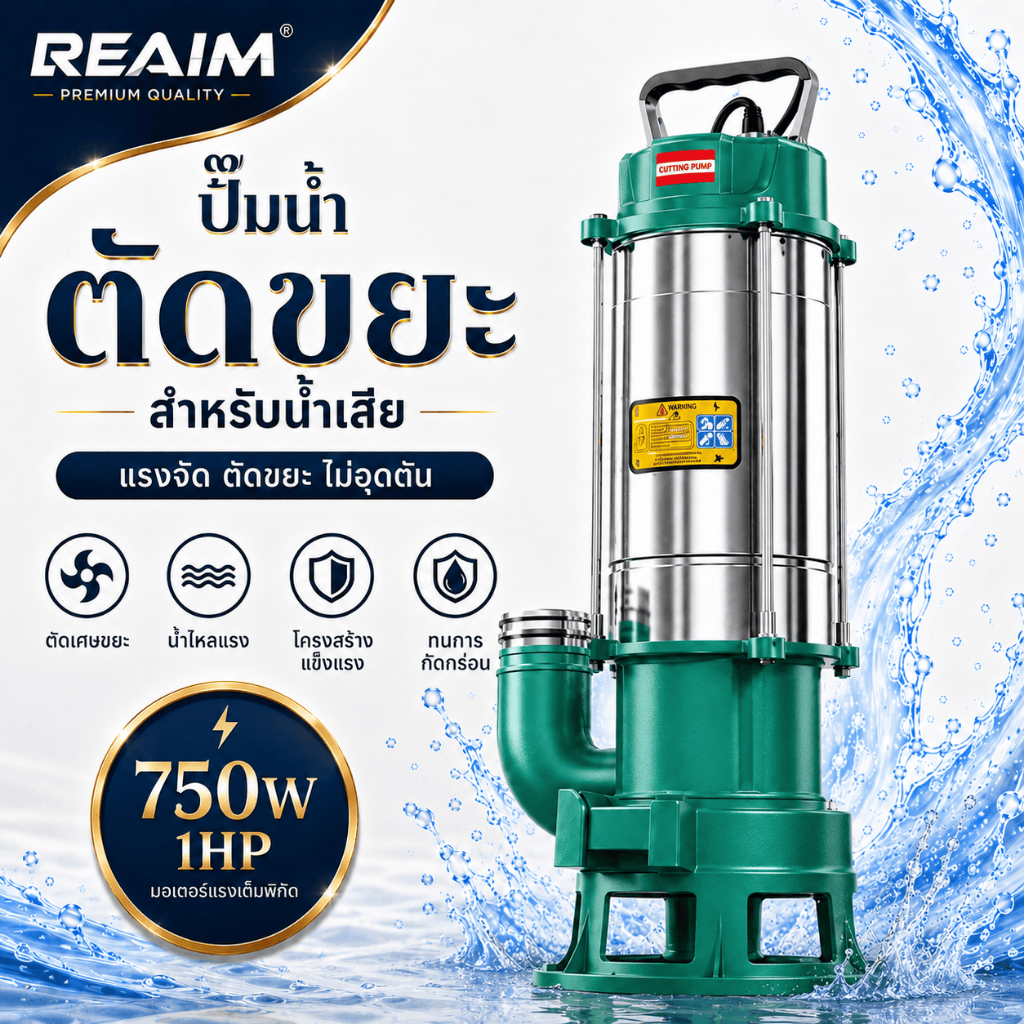 REAIM ปั๊มแช่ดูดโคลน 1นิ้ว ปั๊มน้ำ 750W 1HP ปั้มดูดโคลน เครื่องสูบน้ำ มอเตอร์ทองแดงแท้ ปั๊มแช่ไฟฟ้า