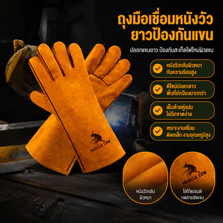 MUSCLE COW ถุงมือหนังงานเชื่อม 10.5" และ13" ทำจากหนังวัวชั้นที่ 2 ทั้งชิ้น เบาและสามารถระบายอากาศได้ดีถุงมือพิเศษทนต่อ