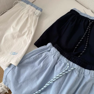 cherryshop พร้อมส่ง กางเกงขาสั้นสีน้ำเงินเชือกผูกเอวสไตล์เกาหลีสำหรับผู้หญิงที่สวมใส่สบายในช่วงฤดูร้อน