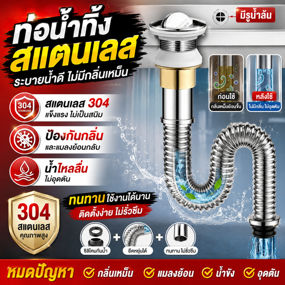 🔥ทนทานนาน 100ปี🔥ท่อน้ำทิ้งอ่างล้างจาน ท่อน้ำทิ้ง ป้องกันกลิ่น ก๊อกน้ําอ่างล้างจาน ท่อระบายน้ําโค้ง ท่อสแตนเลสครัว