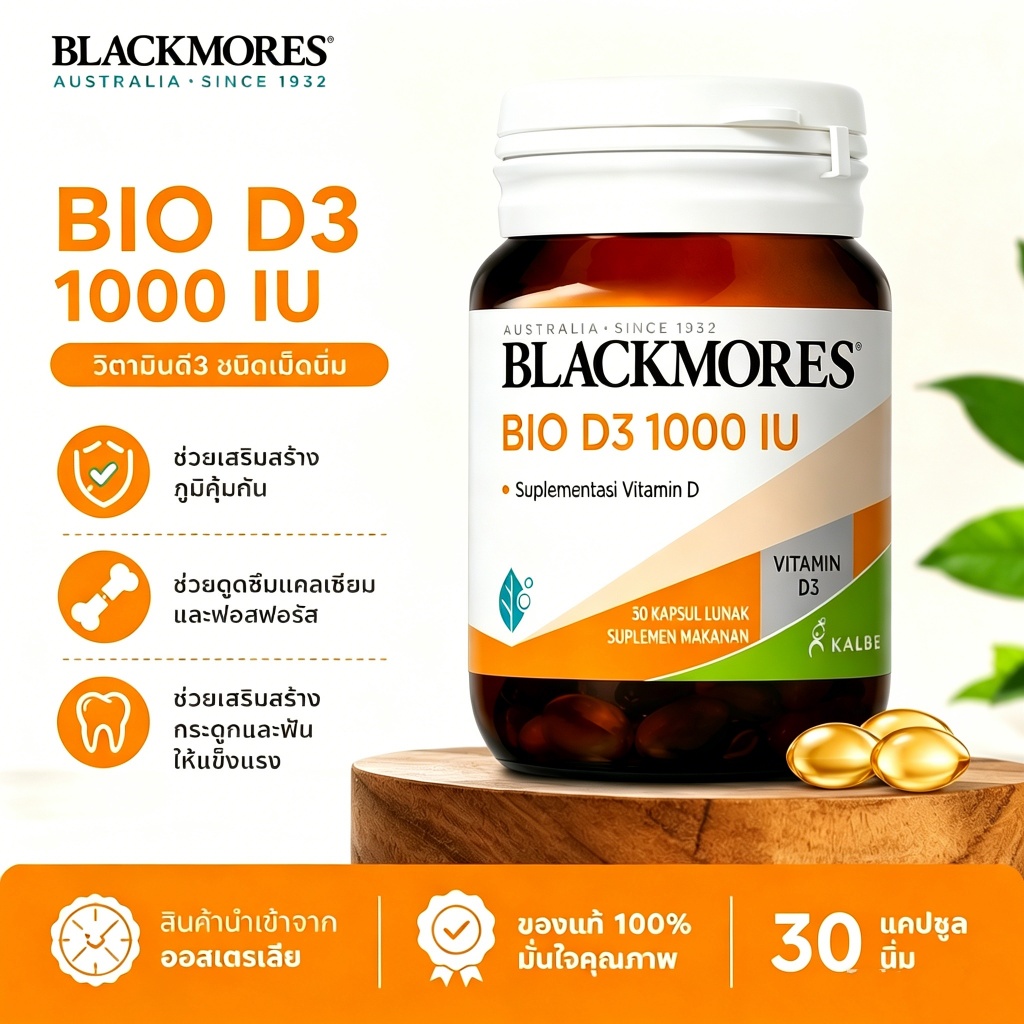 Blackmores Bio D3 1000 IU 30 แคปซูล วิตามินดี3 ช่วยดูดซึมแคลเซียม กระดูกแข็งแรง ภูมิคุ้มกันดี ของแท้จากออสเตรเลีย