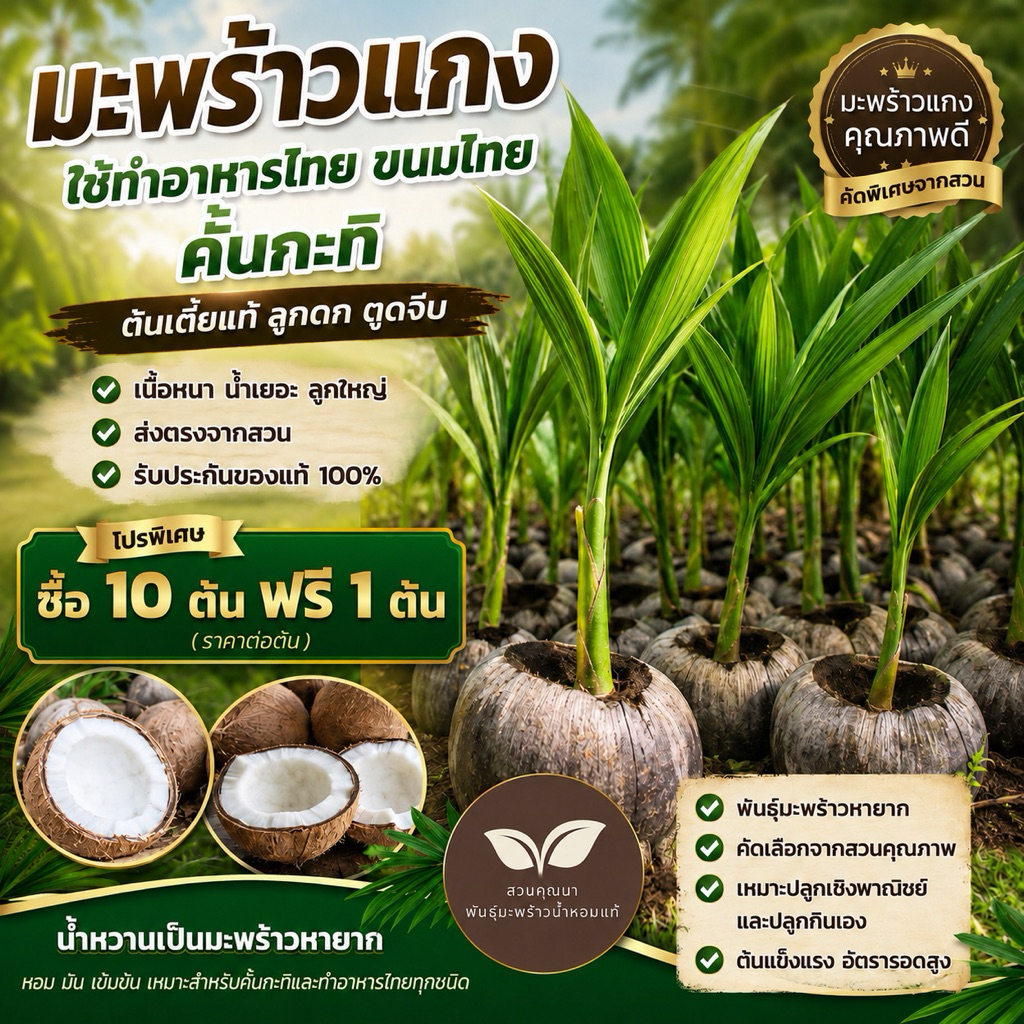 10 ต้นแถม 1 ต้น( ต้นละ80.-) มะพร้าวแกงต้นเตี้ย แกงอัมพวาลูกใหญ่ ใช้คั้นกะทิ ส่งตรงจากสวน