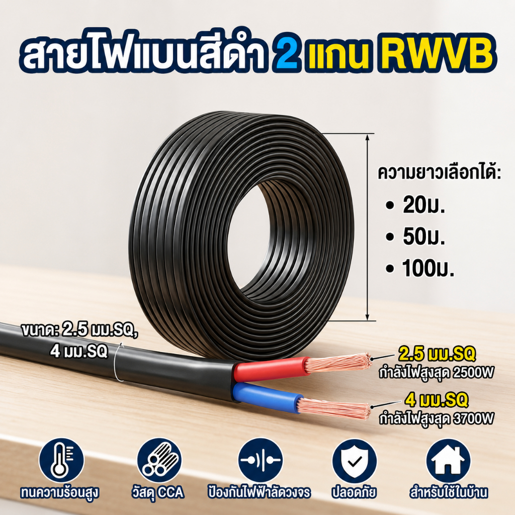 20-100 เมตร สายไฟแบนสีดำ 2 แกน RVVB ขนาด 2.5/4 ม.ม. SQ ทนทานสำหรับบ้านและสำนักงานอายุการใช้งานยาวนานติดตั้งง่าย