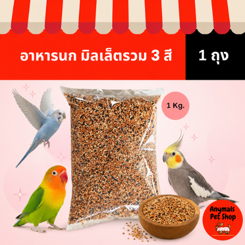 (ขนาด 1 kg.) อาหารนก มิลเล็ตรวม 3 สี สำหรับนกเขา นกเล็ก-ขนาดกลาง เช่น หงษ์หยก เลิฟเบิร์ด ค็อกกาเทล