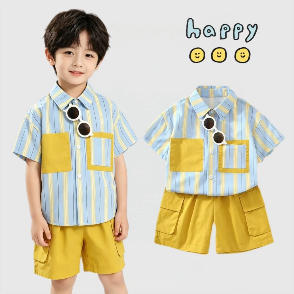 BB335 ชุดเด็กผู้ชาย 2 ชิ้น เสื้อเชิ้ตลายทางสีฟ้า กางเกงขาสั้นสีเหลือง