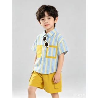 BB335 ชุดเด็กผู้ชาย 2 ชิ้น เสื้อเชิ้ตลายทางสีฟ้า กางเกงขาสั้นสีเหลือง