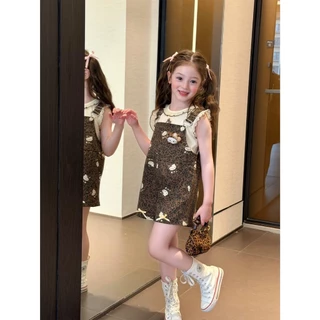 AY340 ชุดเซ็ตเด็กผู้หญิงสีครีม-น้ำตาล เสื้อกล้ามลูกไม้ + ชุดเอี๊ยมขาสั้น