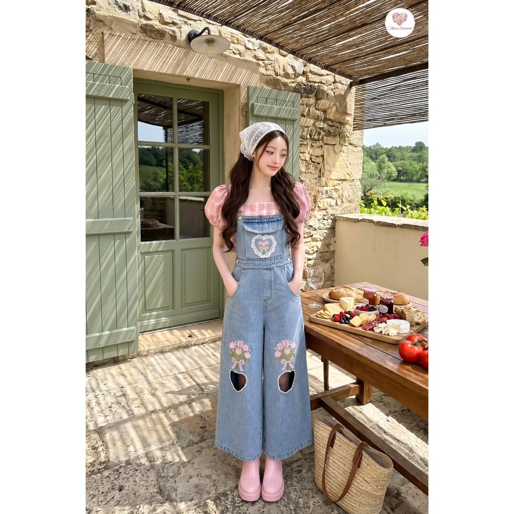 (มี3XL) เอี๊ยมยีนส์ Tulip Denim Set เซ็ต 2 ชิ้น เสื้อครอปคอตตอนลายสก็อต + เอี๊ยมยีนส์ขายาวงานปักสายปรับได้ ฉลุหัวใจ