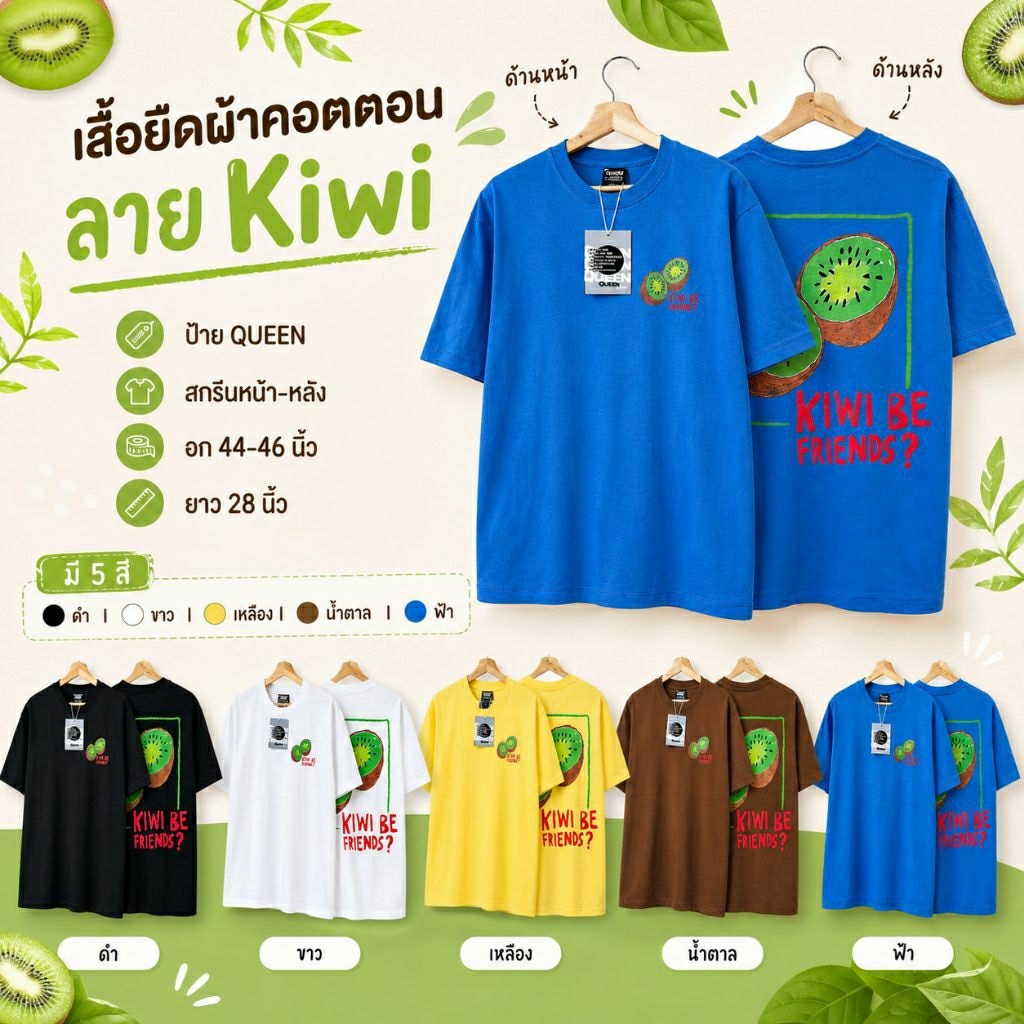 QUEEN Cotton เสื้อยืดผ้าคอตตอน สกรีนลายหน้า-หลัง ลาย Kiwi อก 44-46 นิ้ว