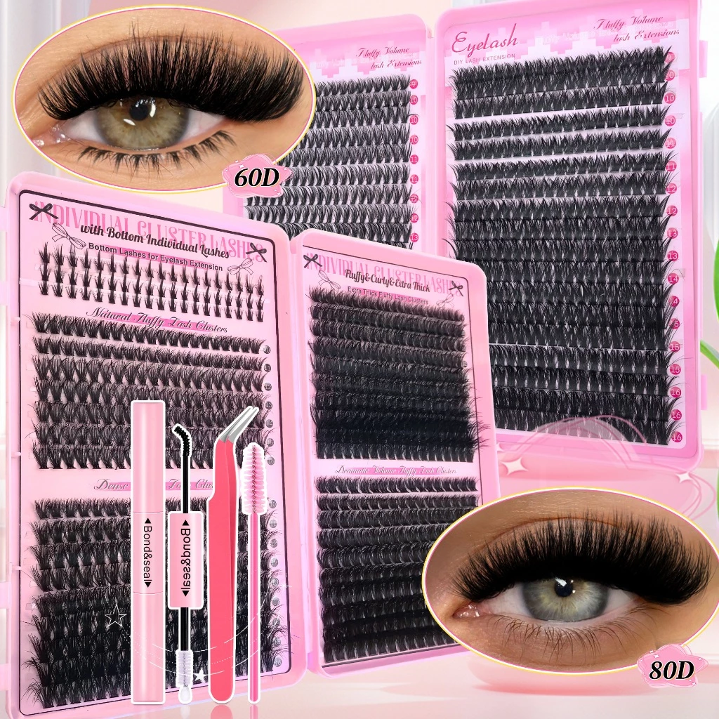 740pcs ช่อขนตาปลอม เซ็ตกาว+แหนบ ลุคธรรมชาติ 3D/5D สำหรับมือใหม่,40D+80D 9-16mm ตาจิ้งจอก+ตุ๊กตาบาร์บี้ตาใหญ่ชุดขนตาปลอม
