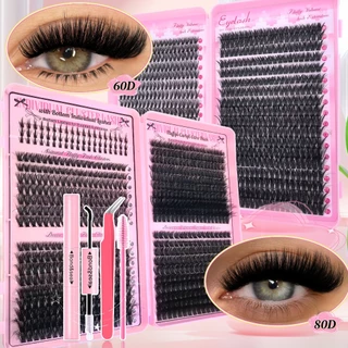 740pcs ช่อขนตาปลอม เซ็ตกาว+แหนบ ลุคธรรมชาติ 3D/5D สำหรับมือใหม่,40D+80D 9-16mm ตาจิ้งจอก+ตุ๊กตาบาร์บี้ตาใหญ่ชุดขนตาปลอม