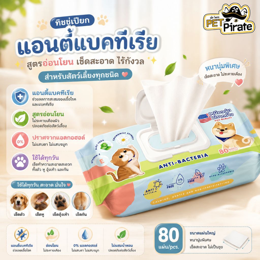 Kanimal ผ้าเปียกเช็ดตัวสุนัขและแมว ขนาดใหญ่ 18×20 ซม. 80 แผ่น เนื้อผ้านุ่ม ไม่มีแอลกอฮอล์
