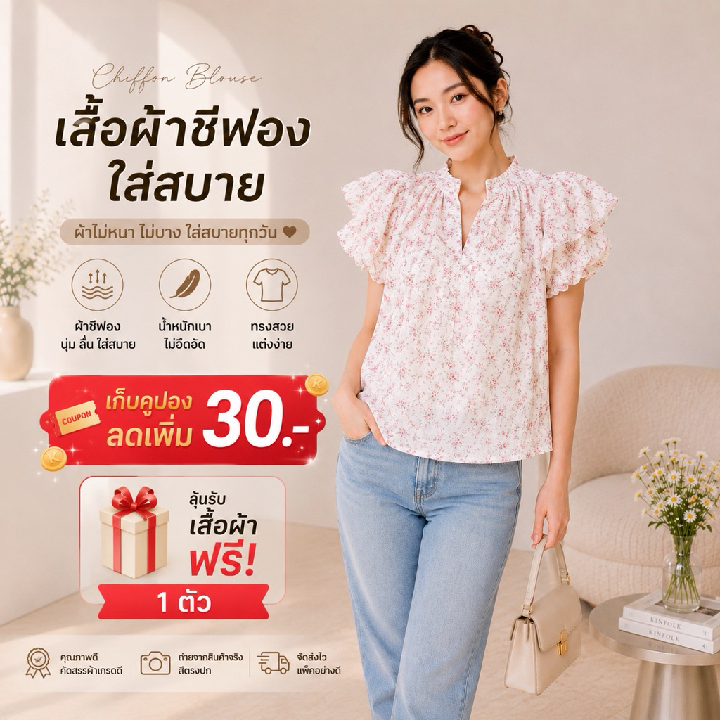 เสื้อชีฟอง แขนระบาย คอจีน ผ้าพริ้วใส่สบาย สไตล์มินิมอละ