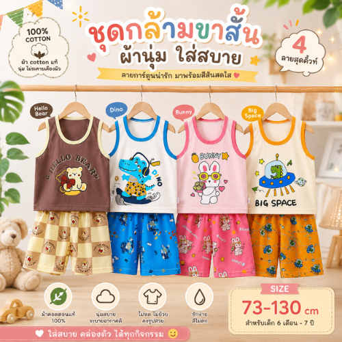 [ชุดเช็ทเสื้อกล้ามเด็กลายใหม่] เสื้อกล้าม+กางเกงขาสั้น Size73-120 1เดือน-6ปี ผ้าCotton ใส่สบาย ผ้านิ่ม