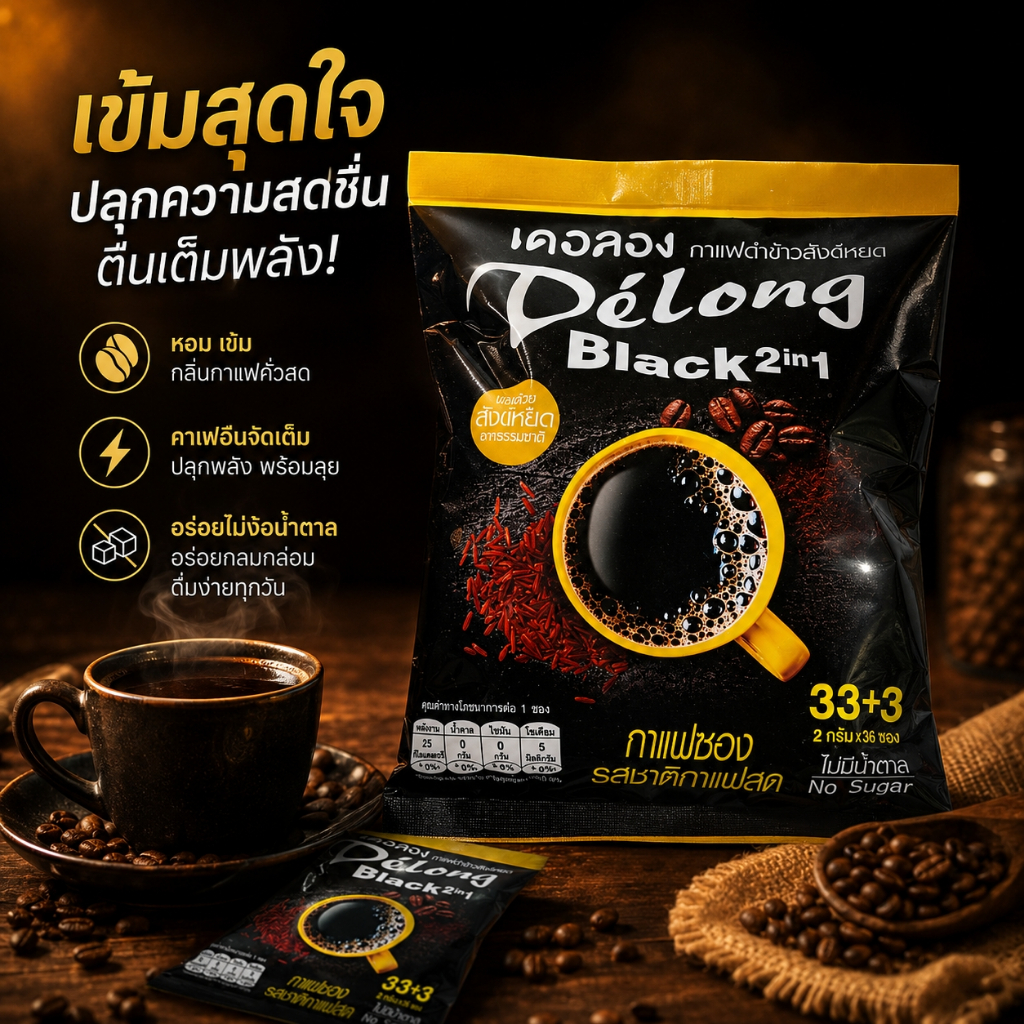 [ส่งฟรี] กาแฟดำข้าวสังข์หยด 2 อิน 1 ไม่มีน้ำตาล 1ถุง 36 ซอง