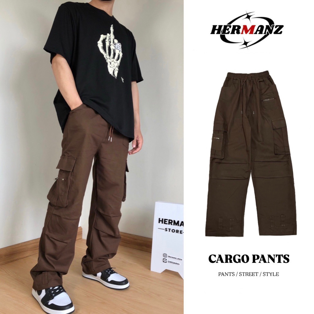 [HERMANZ] กางเกงคาร์โก้ (ฮิตมาก) กางเกงขายาวแนวสตรีทสีน้ำตาลเข้ม